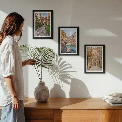 Moderne billedsæt med motiv af charmerende gader og springvand i malerisk arkitektur