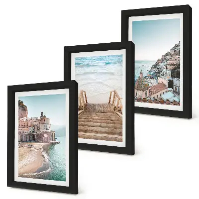 Billedvæg med sommerpastelmotiver af arkitektur ved havet og strand