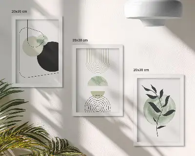 Moderne billedsæt med abstrakte former og plantemotiver i grønt