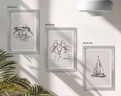 Moderne billedsæt med udsigt over hus ved vandet, toast med glas og sejlbåd