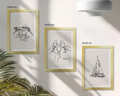 Moderne billedsæt med udsigt over hus ved vandet, toast med glas og sejlbåd