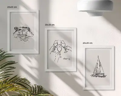Moderne billedsæt med udsigt over hus ved vandet, toast med glas og sejlbåd