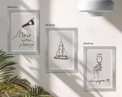 Pakke med billeder og rammer motiver af vin, sejlbåd, champagne og glas i lineær stil