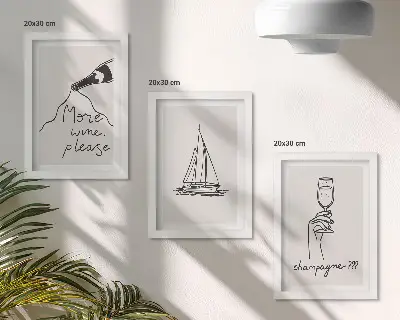 Pakke med billeder og rammer motiver af vin, sejlbåd, champagne og glas i lineær stil