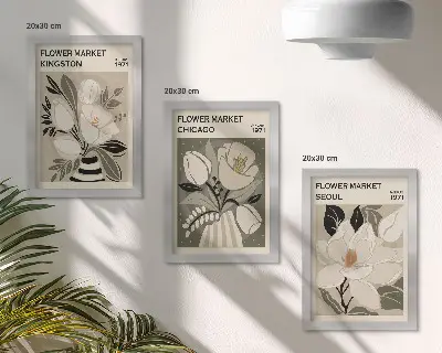 Moderne billedsæt med blomster fra markederne i Kingston, Chicago og Seoul i retrostil