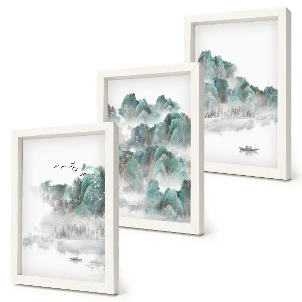 Pakke med billeder og rammer bjerge i skyerne med fugle og en båd på vandet i japandi-stil