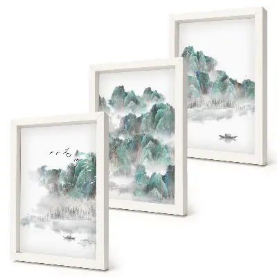 Pakke med billeder og rammer bjerge i skyerne med fugle og en båd på vandet i japandi-stil