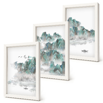 Pakke med billeder og rammer Bjerge i skyerne med fugle og en båd på vandet, Japandi