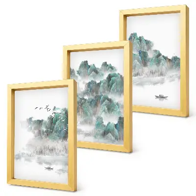 Pakke med billeder og rammer bjerge i skyerne med fugle og en båd på vandet i japandi-stil