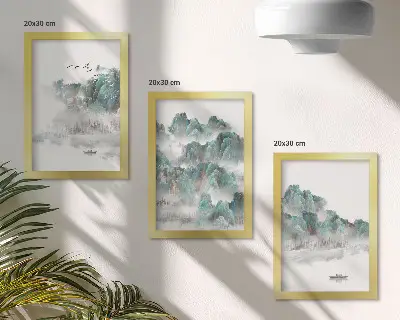 Pakke med billeder og rammer bjerge i skyerne med fugle og en båd på vandet i japandi-stil