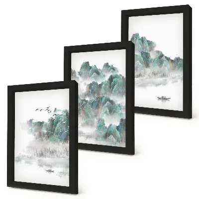 Pakke med billeder og rammer bjerge i skyerne med fugle og en båd på vandet i japandi-stil