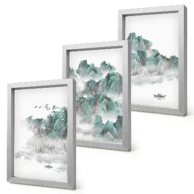 Pakke med billeder og rammer bjerge i skyerne med fugle og en båd på vandet i japandi-stil