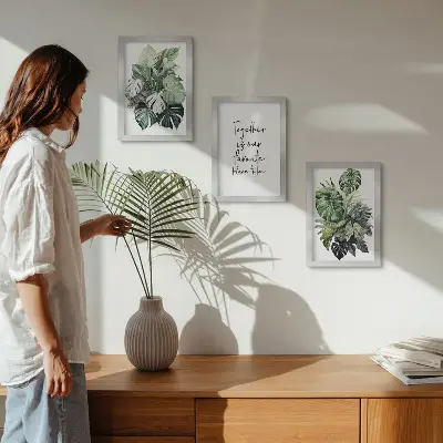 Moderne billedsæt med grønne blade fra tropiske planter og dekorativ indskrift