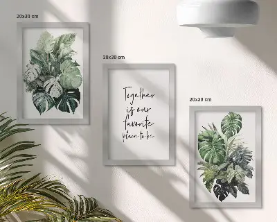 Moderne billedsæt med grønne blade fra tropiske planter og dekorativ indskrift