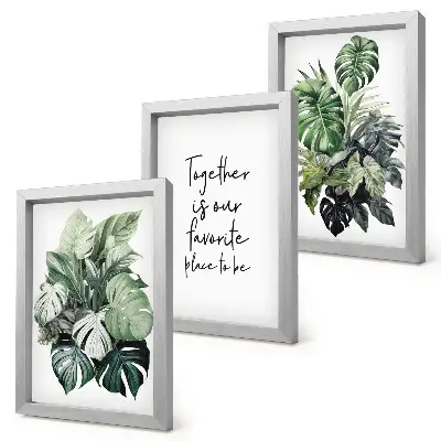 Moderne billedsæt med grønne blade fra tropiske planter og dekorativ indskrift