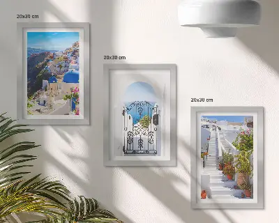 Moderne billedsæt med udsigt over græsk arkitektur i Oia på Santorini