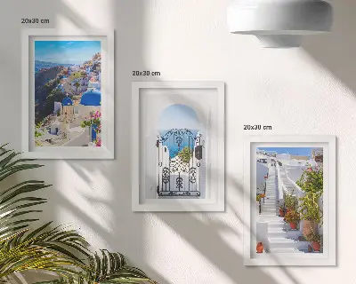 Moderne billedsæt med udsigt over græsk arkitektur i Oia på Santorini