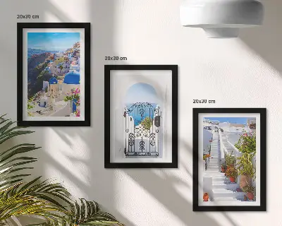Moderne billedsæt med udsigt over græsk arkitektur i Oia på Santorini