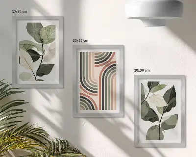 Billedvæg med plantemotiver og geometriske mønstre i grønne nuancer
