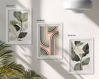 Billedvæg med plantemotiver og geometriske mønstre i grønne nuancer