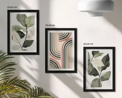 Billedvæg med plantemotiver og geometriske mønstre i grønne nuancer