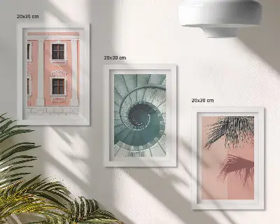 Billedvæg med pastelfarvet arkitektur og spiralmønstre