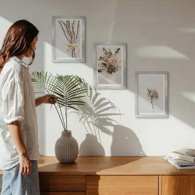 Blomster og grene i minimalistisk naturstil pakke med billeder og rammer