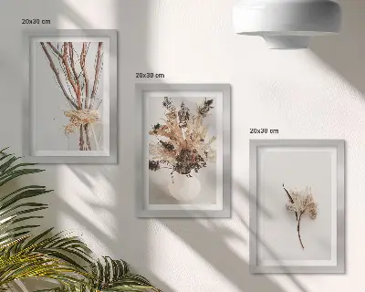 Blomster og grene i minimalistisk naturstil pakke med billeder og rammer