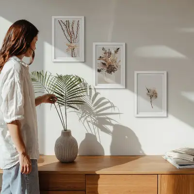 Blomster og grene i minimalistisk naturstil pakke med billeder og rammer