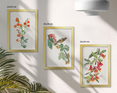 Pakke med billeder og rammer Malede retro blomster og en fugl på en gren