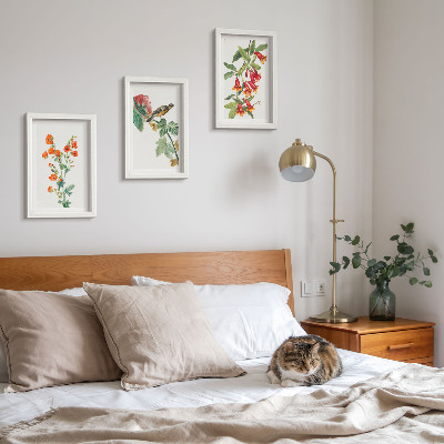 Pakke med billeder og rammer Malede retro blomster og en fugl på en gren