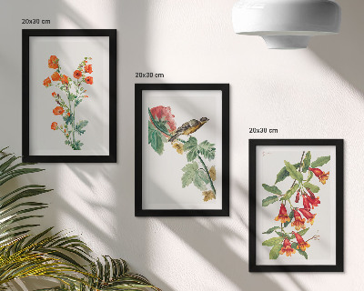 Pakke med billeder og rammer Malede retro blomster og en fugl på en gren