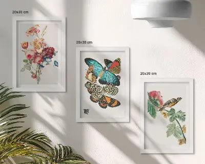 Billeder og rammer med motiver af blomster, sommerfugle og en fugl i pastelfarver
