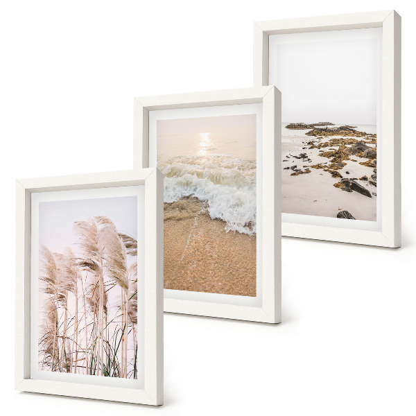Pakke med billeder og rammer Strandgræsbølger og sten ved havet i boho-stil