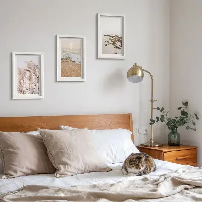 Billedvæg med strandgræs og sten pakke med billeder og rammer i boho-stil