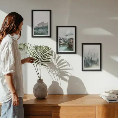 Billedvæg med motiv af bjerge, sø, sommerhus og tåge i skoven