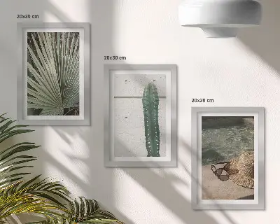 Moderne billedsæt med tropiske planter og ferietilbehør til vandet