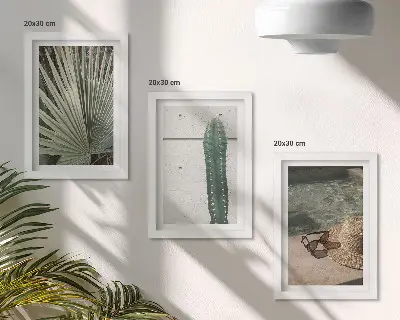 Moderne billedsæt med tropiske planter og ferietilbehør til vandet