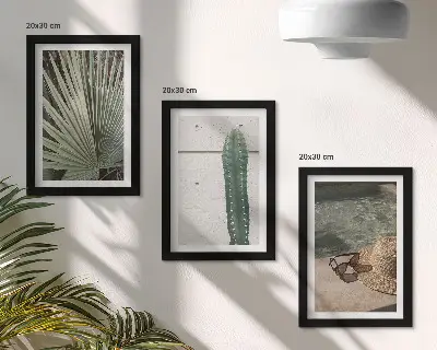 Moderne billedsæt med tropiske planter og ferietilbehør til vandet