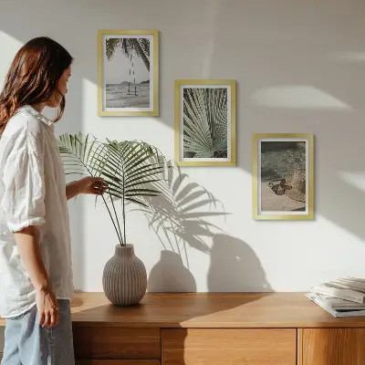Billeder og rammer med palmeblads- og strandmotiv sæt med 1 stk