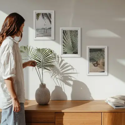 Billeder og rammer med palmeblads- og strandmotiv sæt med 1 stk
