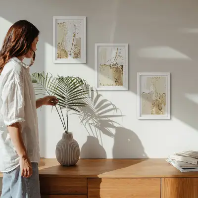 Moderne billedsæt med abstrakte mønstre i beige og hvide nuancer