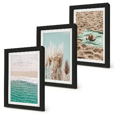 Billedvæg med motiv af strand, bølger, græs, hat, sand og afslappende natur