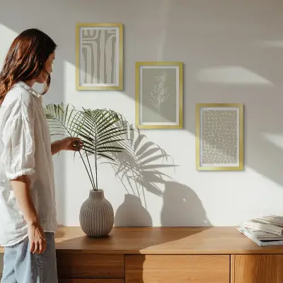 Moderne billedsæt med plante- og geometriske mønstre i dæmpede farver