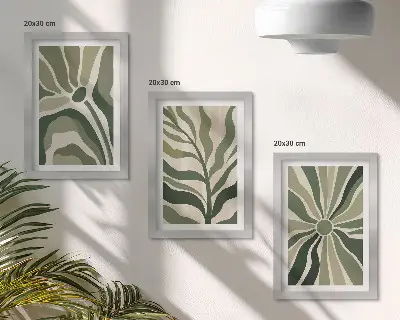 Moderne billedsæt med plantemønstre i grønne og beige nuancer