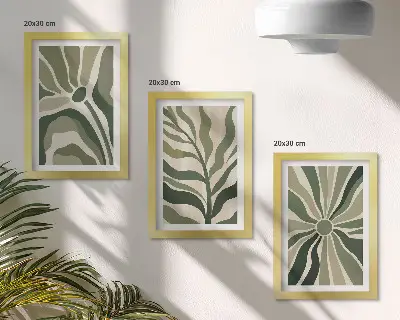 Moderne billedsæt med plantemønstre i grønne og beige nuancer