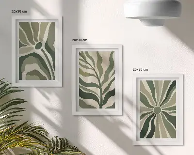 Moderne billedsæt med plantemønstre i grønne og beige nuancer