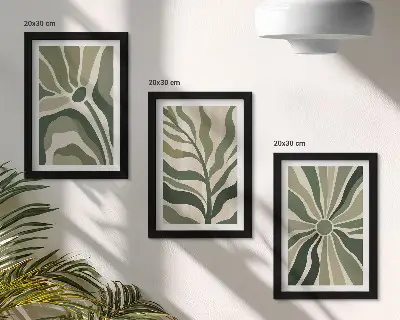 Moderne billedsæt med plantemønstre i grønne og beige nuancer
