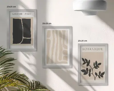 Moderne billedsæt med abstrakte former og plantemotiver i neutrale toner