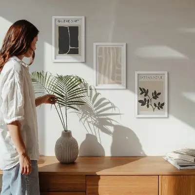 Moderne billedsæt med abstrakte former og plantemotiver i neutrale toner
